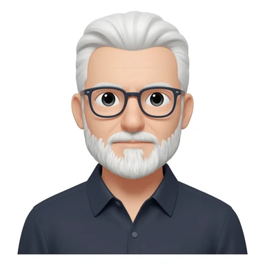 white guy with white hair and beard dark rimmed glasses dark shirt sticker