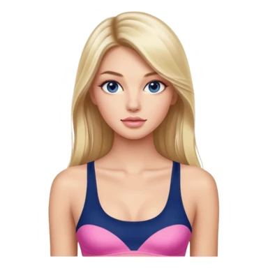Victoria’s Secret model with long light blonde straight balayage hair, dark blue almond and small eyes, oval face, small lips, skinny long waist, firm legs, pink crop top sticker