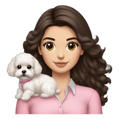 brunette Kendall Jenner with long hair holding on the hands white maltipoo wear in pink collar sticker