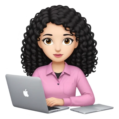a girl typing mac book with long black curly hair and brown eyes with black eyeliner, pink shirt, social media manager sticker