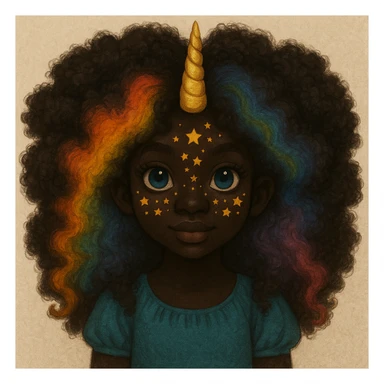 Change the character's skin to a deep black tone and give her fluffy, voluminous hair while keeping the rainbow hair, gold unicorn horn, blue eyes, and star freckles. Maintain the original style and details. sticker