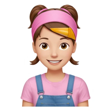 preschool teacher with brown hair pulled up in high ponytail and light pink thin width headband. Has a pink t-shirt with denim overalls. enthusiastic expression with big smile sticker