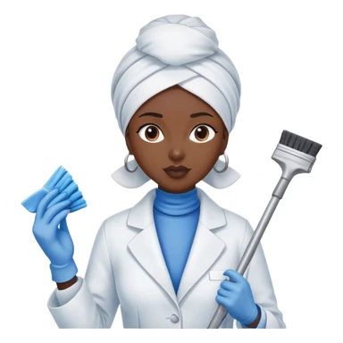 dark-skinned woman with white headscarf, white coat with blue collar, cleaning lady sticker