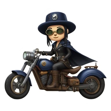 Bounty hunter Wednesday Addams Jedi wearing a pair of navy-blue rimmed steampunk goggles, hat, leather chaps, fringe jacket riding a relaxed distressed sci-fi 3 wheeled steampunk electric motorcycle with large fenders and saddlebags in desert town  sticker