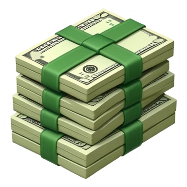 3D icon of stacked US dollar bundles with green straps, isometric view, game style sticker