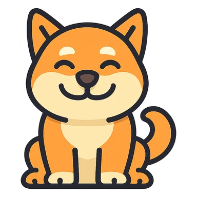 modern vector style logo of a relaxed Shiba Inu dog with big smile warm cheerful colors minimalist design no text no background elements tech friendly vehicle UI sticker