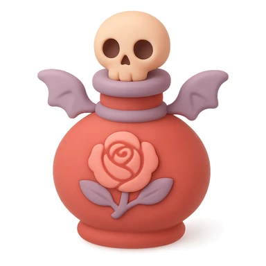 red goth potion bottle with a rose motif, soft and cute gothic look, mochi style sticker