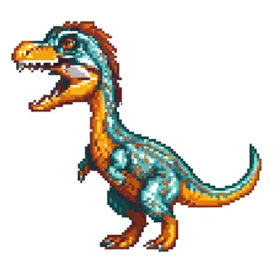 velociraptor, pixel art style, roaring, orange and teal colors sticker