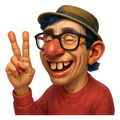 Make this character look like a nerd with an even bigger nose, buck teeth, glasses, and more realistic features. Keep the hand visible. Style should be semi-realistic, nerdy, expressive, with no background. sticker