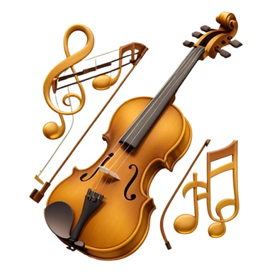 Create a sophisticated and detailed emoji representing the 'Macdonald' viola by Antonio Stradivari. The design should feature a beautifully crafted viola with visible fine details, including the scroll, f-holes, and rich wood texture. Add subtle elements like a bow resting on the strings and musical notes to evoke the instrument’s classical nature. Use rich, warm colors like golden brown, amber, and subtle hints of gold to reflect the luxury and craftsmanship of Stradivari's work. The background should be transparent. sticker