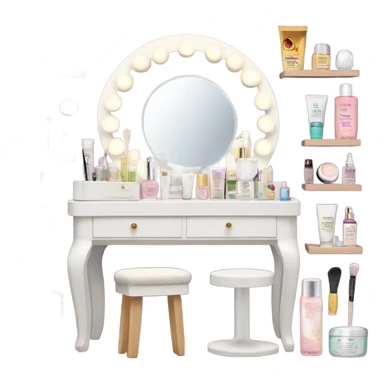 White vanity with a lot of skincare and makeup with lights on the mirror sticker