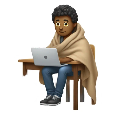 male sitting at a school desk with a big blanket wrapped around shoulders working on chromebook sticker