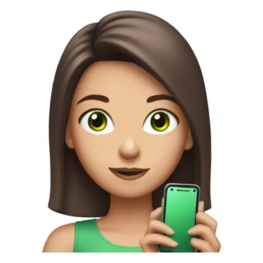 Brunette girl with a pink lock of hair, with green eyes, holding a phone sticker