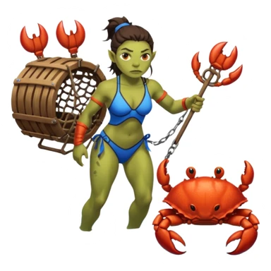 orc female Swimsuit with armored pauldrons, dragging a comically large crab trap sticker