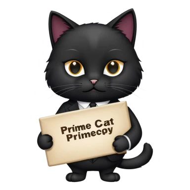 A black cat in a black business suit holds a sign that says "PrimeCopy" sticker