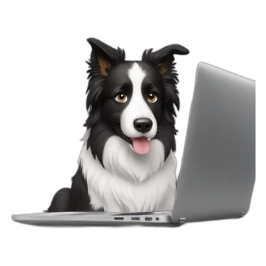 border collie sitting behind a laptop sticker