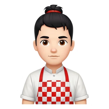 big boy with black hair in a topknot, wearing a white apron with red squares pattern sticker