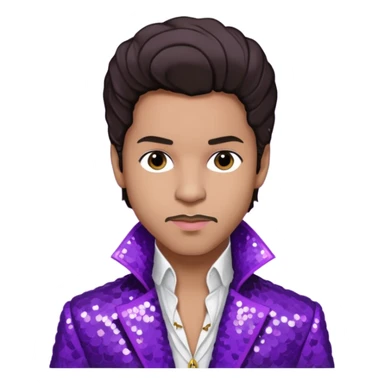Prince Rogers Nelson with dark brown hair, purple sequin jacket, white shirt sticker