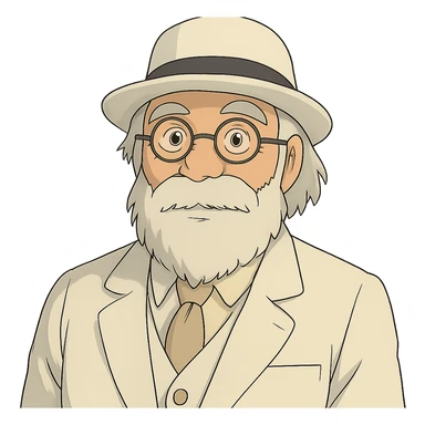 old man with a white hat, slightly long white beard, white moustache, round glasses, white suit, white longish hair, ghibli style sticker
