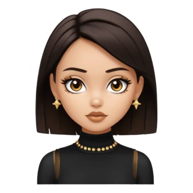 generate a pretty bratz girl in black cami top, dark brown straight short hair, eyeliner on. dark brown eyes. Wearing sleeveless white turtleneck, gold stud earrings sticker