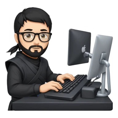 Man with black hair and beard wearing glasses in a ninja costume typing on a computer keyboard sticker
