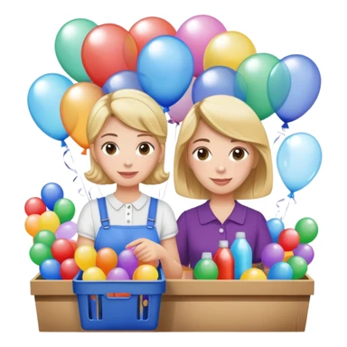 Pta lady holding lots of random items at a stall surrounded by balloons and bubbles sticker