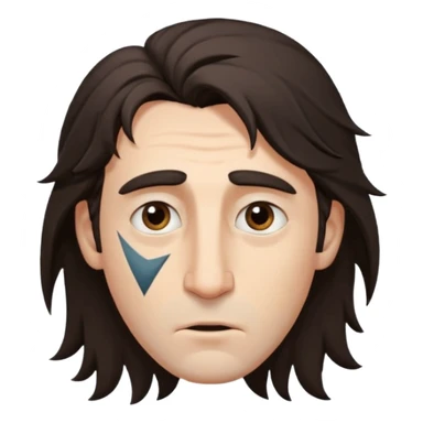 Handsome white man with big brown eyes long nose and dark brown messy hair cover his forhead and hair coming in eyes triangle facecut sticker