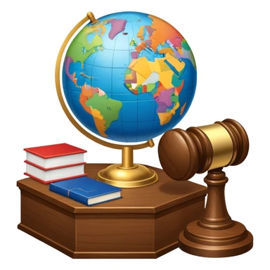 An icon featuring a globe with a gavel and a political map, symbolizing political science. The design includes a ballot box and a podium, representing democracy and governance. Transparent background highlights the study of political systems and global relations. sticker