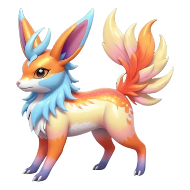  Shiny realistic cool beautiful iridescent light warmly colored reddish-orange-gold-gradients neon vibrant colorful pastel flourishing flurry fuzzy Nargacuga-Palkia-Sylveon-Meloetta-Noibat-fusion-animal-Fakémon-hybrid-creature, by griffsnuff sticker