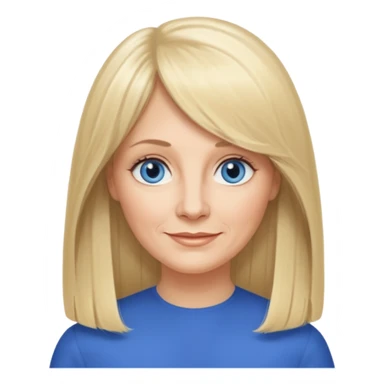 50 yr old white woman, curtain bangs, very long straight blond hair, oval face, small smile, blue eyes, thin face, hair downback, middle part round cheeks, pale, longer hair sticker