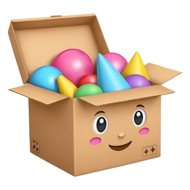 cardboard box with toys, pink sticker