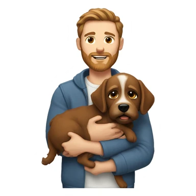 White man with brown hair and brown beard holding puppy dog sticker