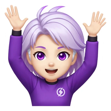Chibi Sable Ward with excited hype expression, both arms raised high, eyes shining, white hair with purple streaks, fully purple eyes, energy effect around her, extremely excited sticker