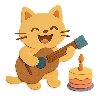 Make the cat laugh happily and enhance the overall design for even better visual appeal. Keep the cat playing guitar next to the cake, and maintain the paper-craft style. sticker
