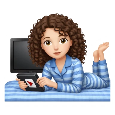 A girl, brunette with curly hair down to her shoulders, watching TV. Have her lie down on the bed, and put on Netflix on the TV. sticker