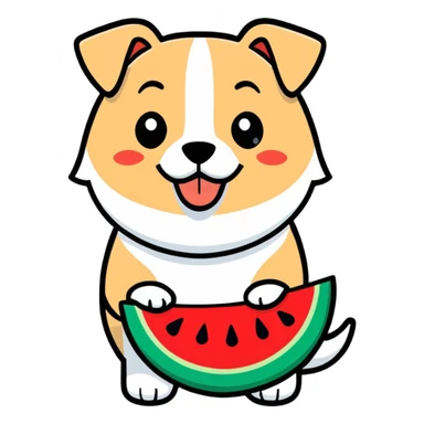 dog with brown eyebrows holding a watermelon sticker