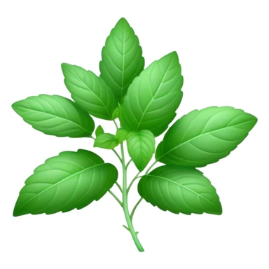Cinematic Realistic Mint Emoji, Fresh and lively, with deep green leaves covered in tiny veins, emanating a cool, refreshing aroma. The plant’s soft, rounded edges sway gently in the breeze, inviting calm and relaxation. Soft glowing outline, capturing the essence of freshness and cooling fragrance in a fragrant mint plant! sticker