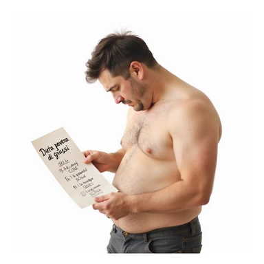 realistic man with untoned body and slumped posture holding a shopping list highlighting only lean foods and no healthy fats, attention symbols near skin and hair, Italian caption: 'Dieta povera di grassi: rischio per salute ed estetica', isolated on white background sticker