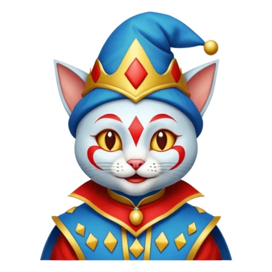 crazy colorful cute little cat jolly joker from poker, medieval, vintage, court jester, mac os icon, blue color sticker
