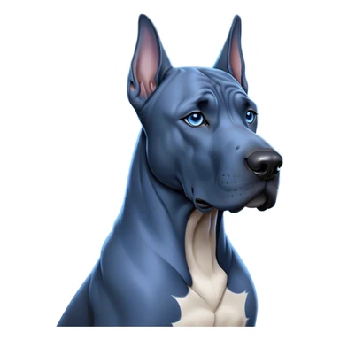 Cinematic Noble Blue Great Dane Portrait Emoji, Poised and regal, with a towering, muscular build and a sleek, well-groomed deep blue Fur, deep-set soulful steel-blue eyes, Simplified yet sharp and sophisticated features, highly detailed, glowing with a cool, dignified glow, high shine, intelligent and commanding, stylized with an air of majesty, focused and attentive, soft glowing outline, capturing the essence of a watchful and authoritative guardian, so majestic it feels as though it could stride out of the screen with effortless authority! sticker