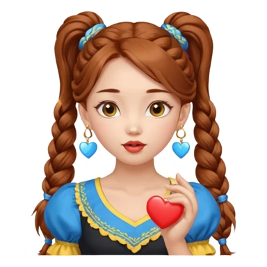 A cute ukrainian girl, looks slightly mongolian with full lips, with long auburn hair two side ponytails plaited, has heart earrings in the ukrainian yellow and blue, and is wearing her little black dress, she is blowing a kiss. sticker
