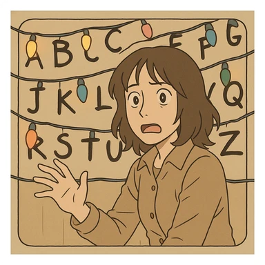 Joyce Byers trying to communicate with Will through Christmas lights on the wall, surprised expression, lights blinking, simple line art, light pastel tones, thick outlines, Ghibli style, 1:1 format sticker
