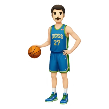 Full Body  white male basketball player with short shaggy dark hair and gold tee mustache wearing blue and green uniform sticker
