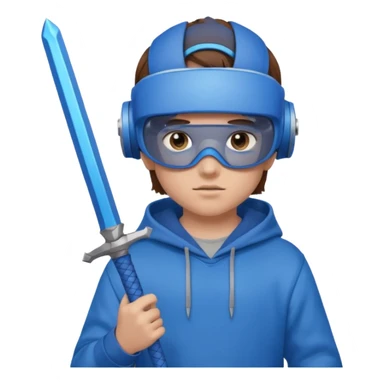 a boy with brown hair, a blue vr headset. a blue hoodie and a blue sword and remove the cap sticker