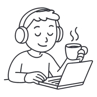emoji ios 18, guy in headphones at computer, drinking coffee sticker