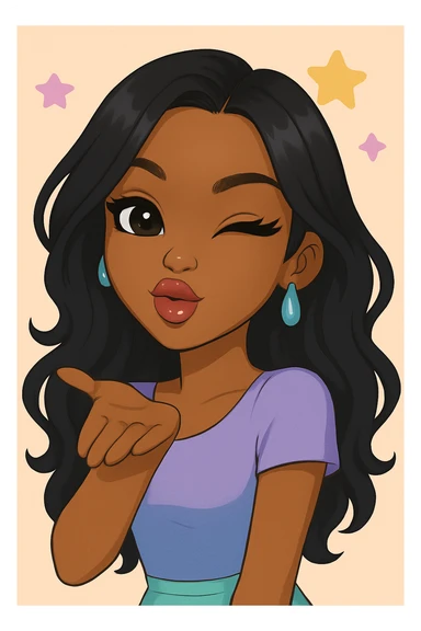 Make her wink while blowing a kiss, headshot only, keep her as a 20-year-old anime Bratz style woman with dark skin, dark hair, cute pastel Y2K look, big expressive eyes, glossy lips, and a happy expression. No tears. sticker