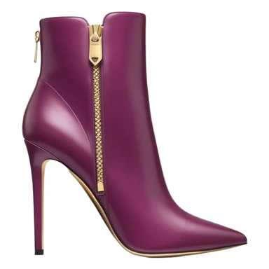 Hyper Realistic isolated side view,  Michael Kors plum color, luxury stiletto ankle bootie boots, gold side zipper sticker