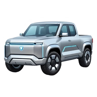 A futuristic electric pickup truck emoji, silver chrome body, angular cyber design, smooth metallic panels, subtle reflections, minimalistic proportions, iOS emoji style, centered composition, clean white background, soft lighting sticker