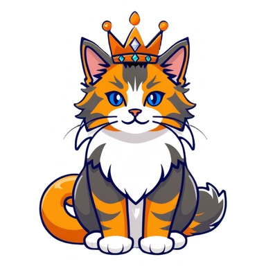 regal calico maine coon cat with orange, black and white fur wearing a jeweled crown sticker