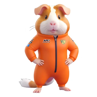 full-body guinea pig in a modern Formula 1 racing suit, dynamic stance, vibrant colors, no helmet sticker